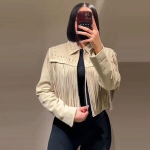 Zara 100% Suede Leather Jacket With Studs And Fring